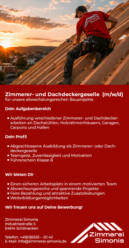 Stellenanzeige: Zimmerer- und Dachdeckergeselle (m/w/d) gesucht